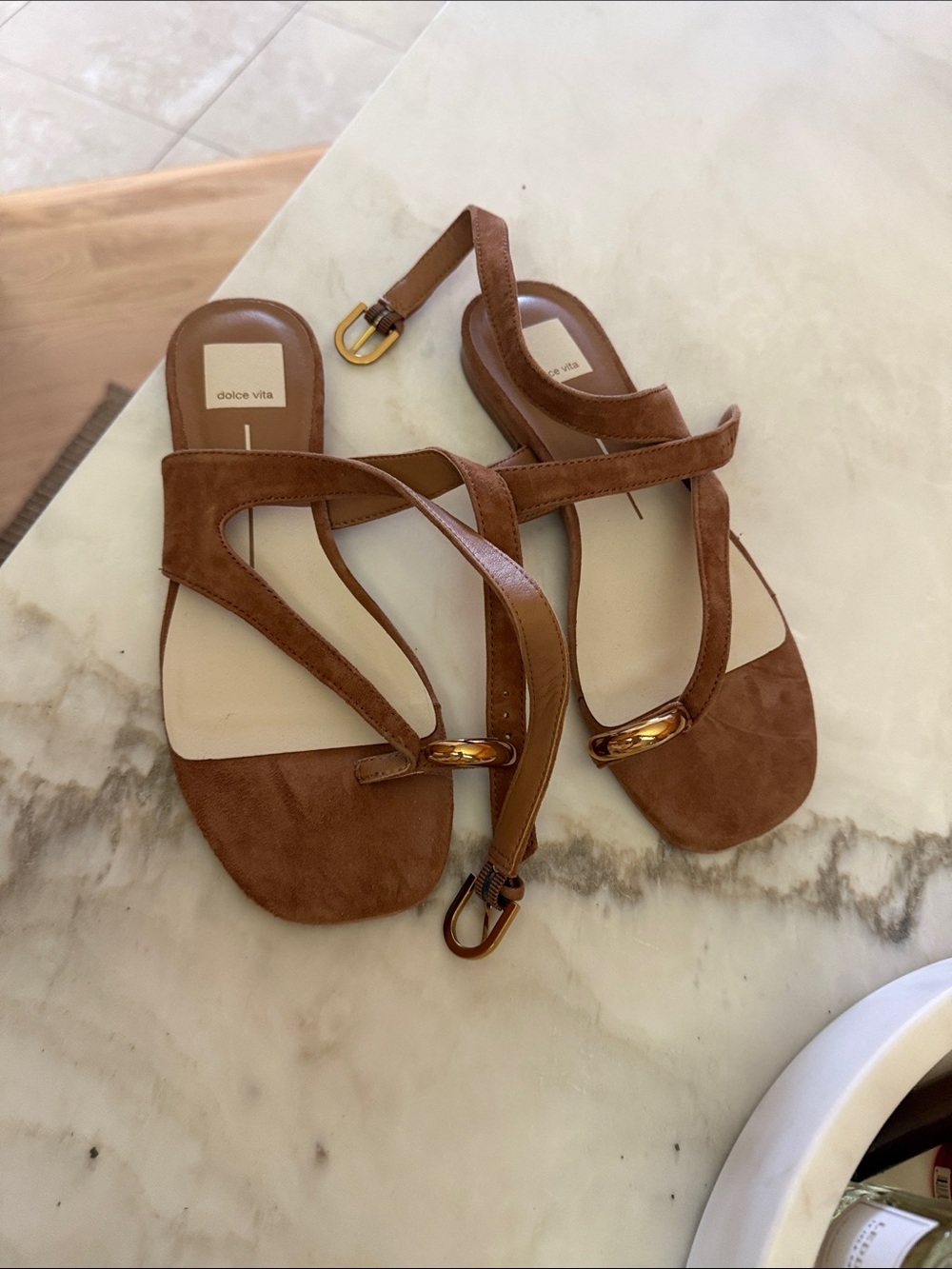 Dolce Vita Tan Suede T-Strap Sandals with Gold Accent